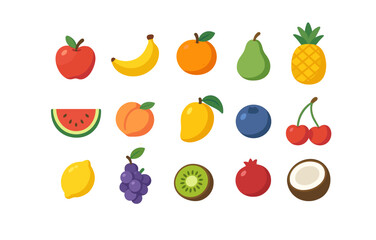 Colorful flat style fruit icons set for healthy food designs
