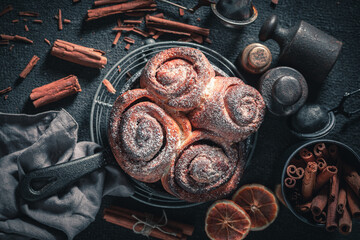 Delicious cinnamon rolls made of butter. Swedish delicacy.