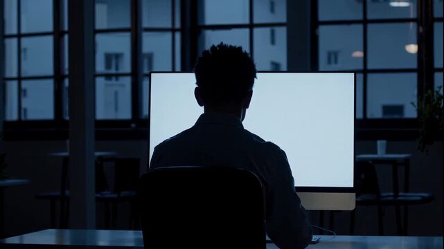A man sits in a dark office in front of a large computer monitor at night in a video.