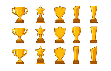 Award trophies collection: cups, stars, shields, and columns in flat style