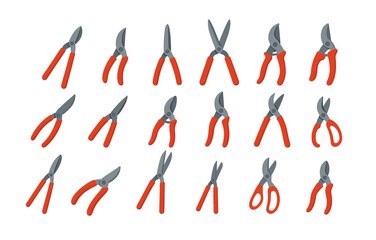 Variety of garden shears with red handles on a white background