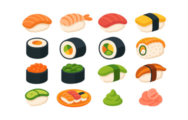Assorted sushi collection: colorful and tasty japanese cuisine in flat style