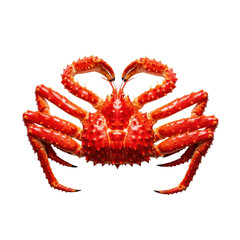 whole cooked red king crab, large and glossy, with spiky scarlet shell and splayed segmented legs, isolated on transparent background, emphasizing luxury seafood gastronomy concept