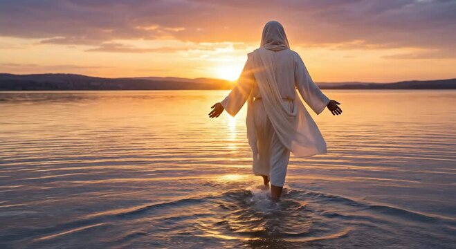 Jesus Christ walking on water at sunset. Biblical miracle religious scene for christianity and orthodox faith concept.