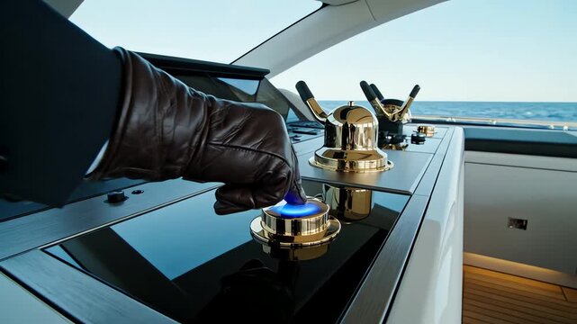 Close up of gloved hand pressing a golden control button on a luxury yacht's dashboard for modern navigation concept and opulent travel