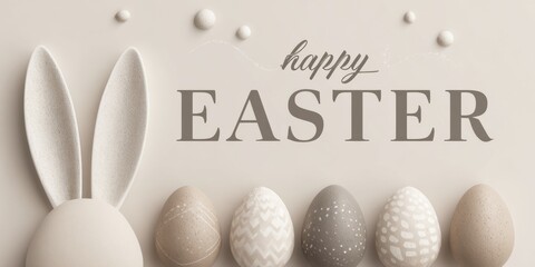 Minimalist beige Easter card with bunny ears, pastel eggs and elegant Happy Easter text.