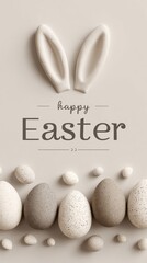 Minimalist beige Easter card with bunny ears, pastel eggs and elegant Happy Easter text.