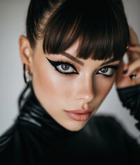 Woman posing with cat eye makeup and bangs