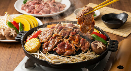 ジンギスカンを囲む熱々の食卓、箸でつまむラム肉と彩り野菜