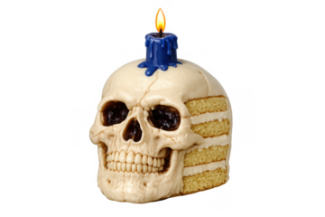 Skull cake with exposed layers and frosting, a burning blue candle on top. Concept of death, celebration, and holidays. Transparent background