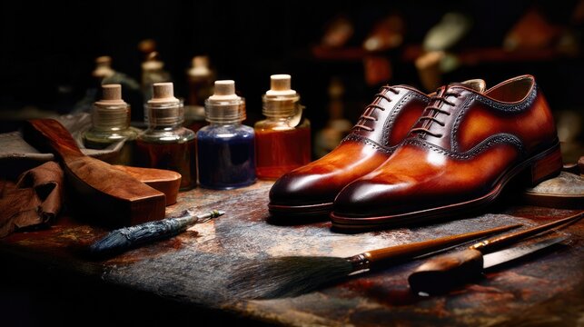 Luxury Handmade Leather Dress Shoes with Dye Bottles and Brushes in Workshop - Powered by Adobe