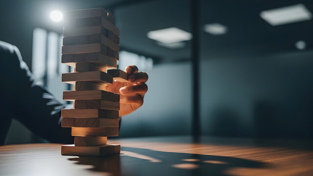 Businessman Strategy Game with Jenga Wooden Block Tower - Generated AI.