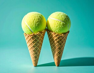 Conceito minimalista de duas bolas de t&ecirc;nis estilizadas como bolas de sorvete em uma casquinha de waffle brilhante sobre um fundo turquesa. 