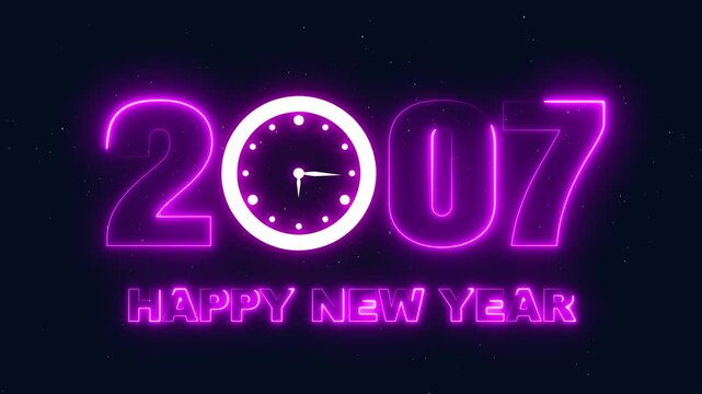 Neon Happy New Year 2007 clock striking midnight, purple glow, celebration background