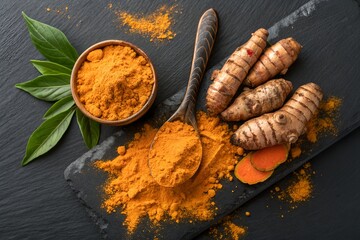 Fresh Turmeric Roots and Powder on Dark Stone Background, Healthy Natural Food Ingredient, Food.