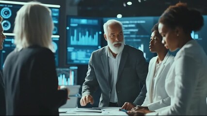 Diverse business team in a modern office discussing strategy with data visualizations - Powered by Adobe