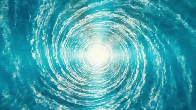 Aerial view of a whirlpool in the ocean with swirling water and a bright center