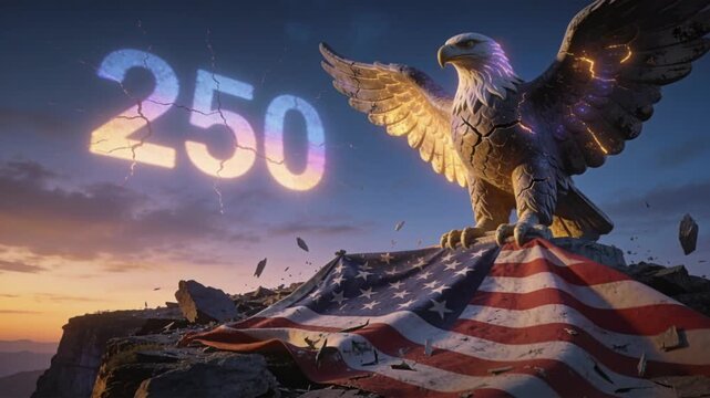 Cinematic twilight cliffside scene with a giant American flag draped over jagged broken rocks. Above it stands a towering bald eagle statue, its cracked wings emitting a faint glow. 