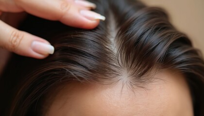 Fingers part shiny dark hair revealing scalp. Close up shows healthy hair texture and gloss. Clean scalp and neat hair strands signify good personal care.