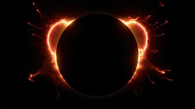 A total solar eclipse displays a fiery corona against the vastness of space. Celestial bodies align, creating a breathtaking cosmic spectacle.