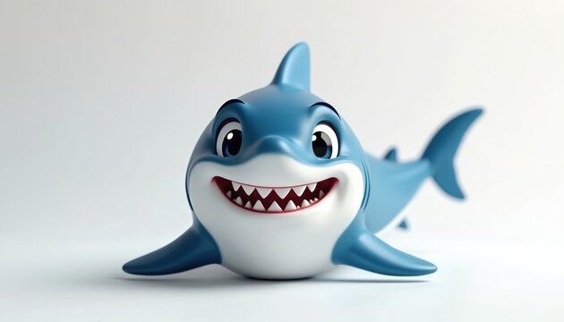 Friendly cartoon with big smile and sharp teeth. This cute blue ocean creature smiles wide. It looks happy, is a fun character. Great for kids themes.