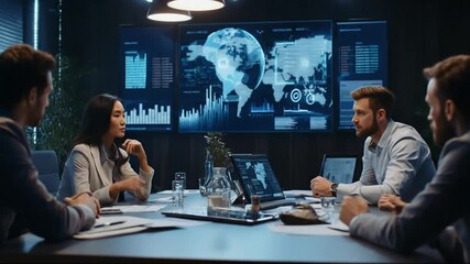 Diverse business team in modern conference room analyzing global data on screens - Powered by Adobe