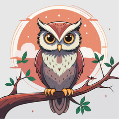 Obraz premium Illustration of an owl perched on a branch with leaves against a moonlit sky