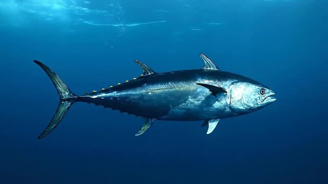 Large tuna swimming in deep blue water