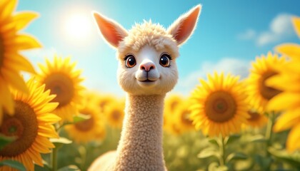 Fototapeta premium Fluffy alpaca stands in sunflower field on sunny day. Cute animal has big eyes, looks happy. Bright yellow flowers surround fluffy pet under blue sky. Cheerful llama enjoys summer nature.