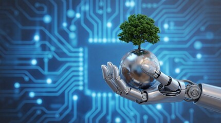 A robotic hand holds a globe with a tree on top in front of a circuit board background.