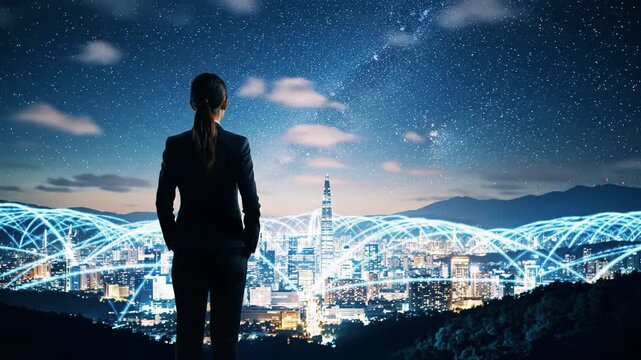 A solitary silhouetted figure in sleek business-casual attire gazes over a futuristic megacity valley at twilight, with glowing interconnected networks under a vibrant starry Milky Way. Concept of