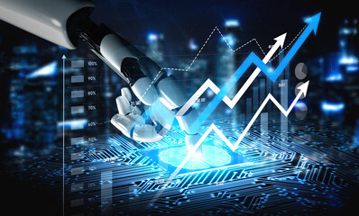 A futuristic robotic hand interacts with digital stock market trends, showcasing rising charts and...