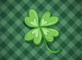 Vector lucky four leaf clover is on green irish plaid pattern for Patrick's day. Four leaf lucky clover poster. Shamrock.