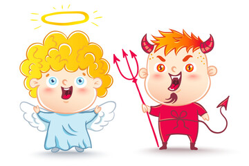 Vector illustration of Angel and devil. Good and bad. Children are in costumes angel and devil.