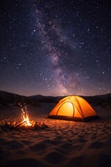 Camping Under the Milky Way with Glowing Tent and Campfire