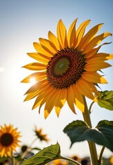 Obraz premium Vibrant sunflower facing a warm, bright sun, bathed in golden light as it reaches for the sky, head, bright, petal