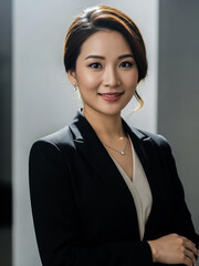 Asian woman in black blazer and white blouse smiling at camera