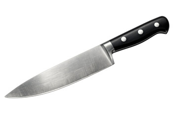 Chef knife with sharp steel blade and black handle, essential kitchen tool for cutting and food preparation