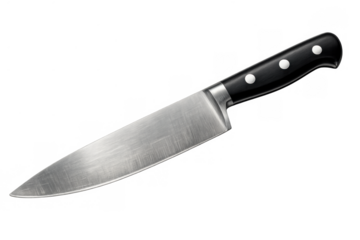Chef knife with sharp steel blade and black handle, essential kitchen tool for cutting and food preparation