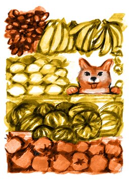 an illustration with a dog and fruits in a shop