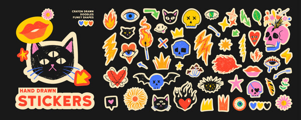 Punk and rock roll sticker collection with crayon drawn illustrations. Funky hipster and rave stickers, 90s style rock and roll doodles. Naive playful punk badges for music festival and urban design.