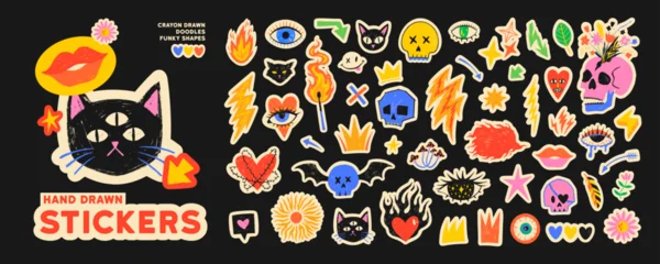 Fototapeten Farbiges Glas Punk and rock roll sticker collection with crayon drawn illustrations. Funky hipster and rave stickers, 90s style rock and roll doodles. Naive playful punk badges for music festival and urban design.  © Anastasiia Hevko