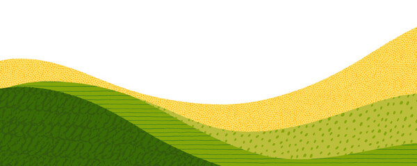Obraz premium Wavy mountain and field collage agriculture background with texture patterns. Farmland landscape abstract decorative banner background for nature and agriculture design. Template with place for text.