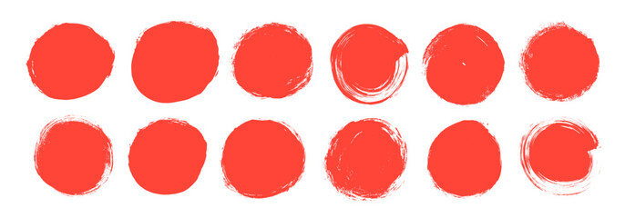 Red grunge brush drawn circles and dots. Japanese red circles and round vector brush strokes. Seal stamp with round edges, grunge asian rough badges collection. Scribble ink illustration.