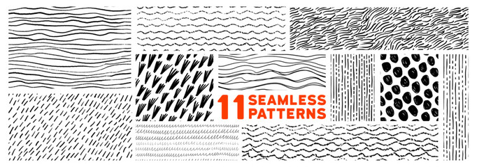 Brush stroke and curly crayon lines seamless pattern collection. Sketch doodle squiggly lines, short strokes and wavy stripes. Organic simple pen prints. Childish graphic doodle seamless pattern.