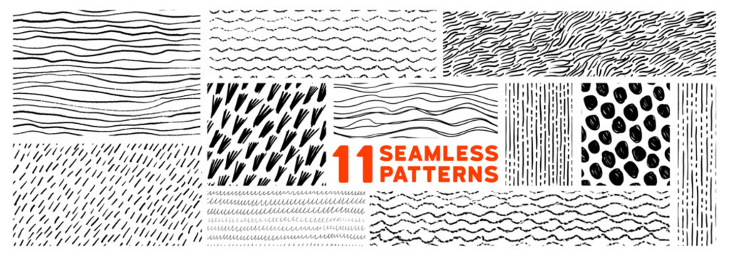 Brush stroke and curly crayon lines seamless pattern collection. Sketch doodle squiggly lines, short strokes and wavy stripes. Organic simple pen prints. Childish graphic doodle seamless pattern.