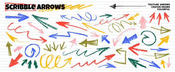 Colorful funky scribble doodle arrows set for hand drawn notes and journaling. Crayon drawn direction pointers, colorful childish arrows on lined paper sheet background. Vector thick and thin strokes.