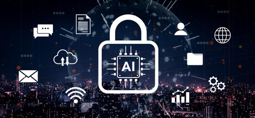 A visual representation of secure artificial intelligence systems featuring digital locks, data protection, and global connectivity against a vibrant urban night skyline. Gantry