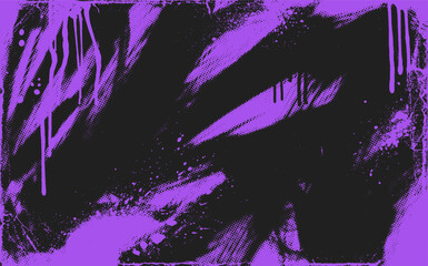 Grunge punk urban background in purple black colors with paint splatters and drips. Grunge punk y2k halftone background with hand drawn bold brush strokes. Scratches effect, purple spray paint.