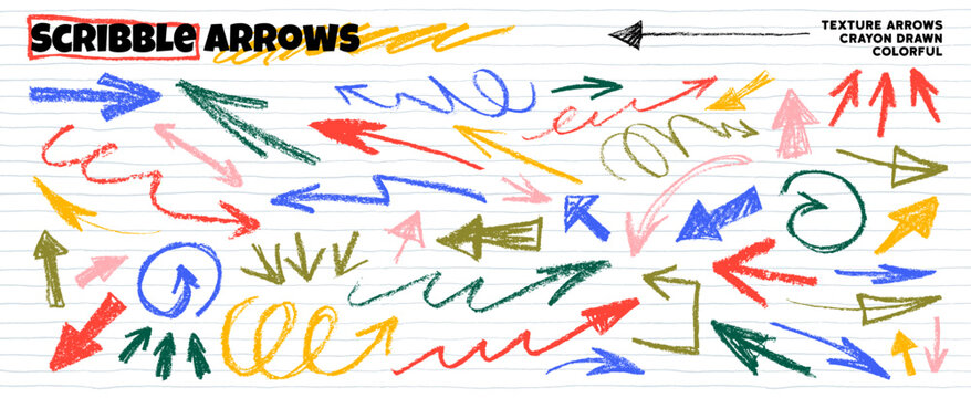 Colorful funky scribble doodle arrows set for hand drawn notes and journaling. Crayon drawn direction pointers, colorful childish arrows on lined paper sheet background. Vector thick and thin strokes.